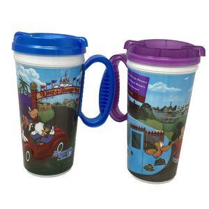 Set 2 Disney World Rapid Fill Refillable Whirley Travel Mugs Cups Purple Blue